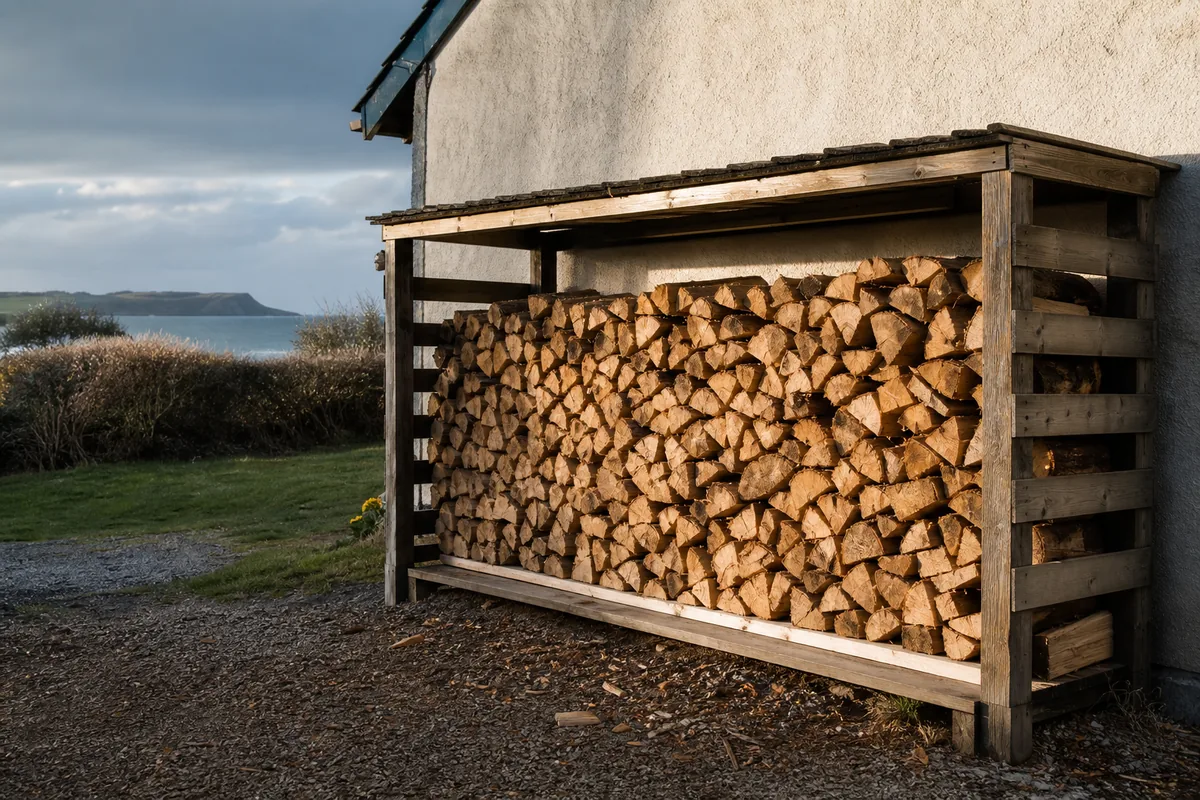 Bûches de chêne fendues empilées sous un abri ventilé près d’une maison de la côte atlantique, lumière d’hiver rasante