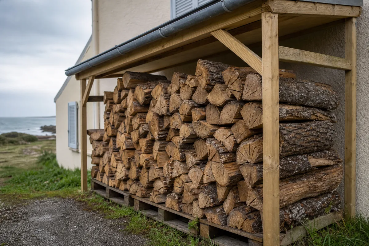 Bûches de chêne fendues empilées sous un abri en bois ventilé près d&rsquo;une maison de la côte atlantique