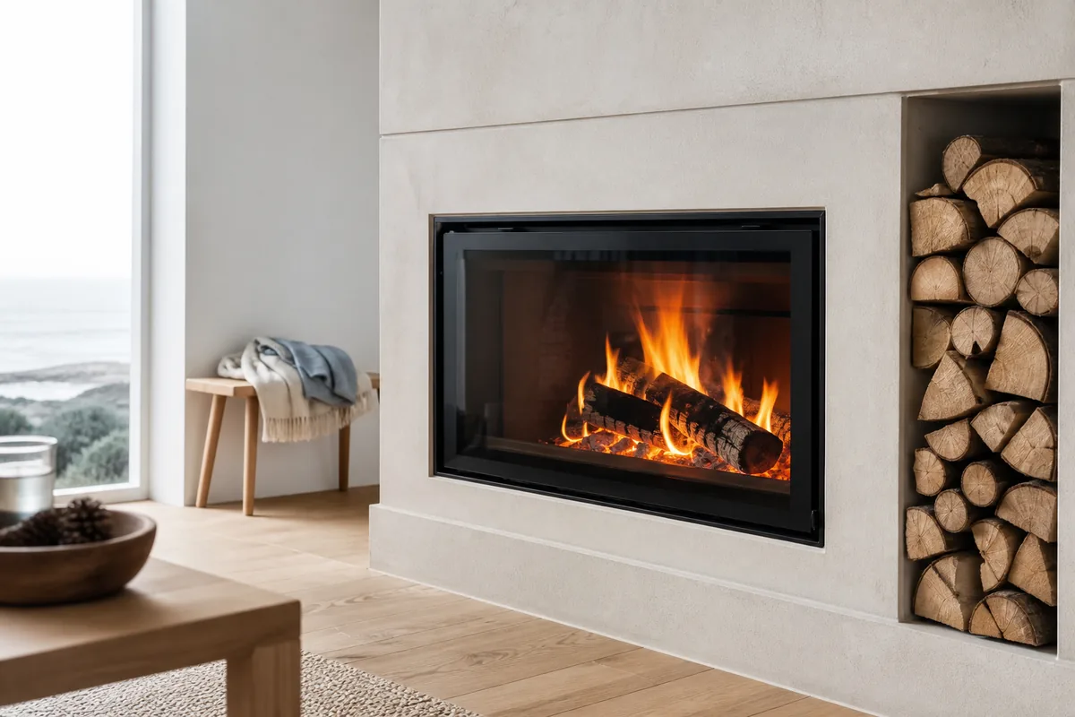 Flamme vive derrière la vitre d&rsquo;un insert dans un salon clair aux murs blancs