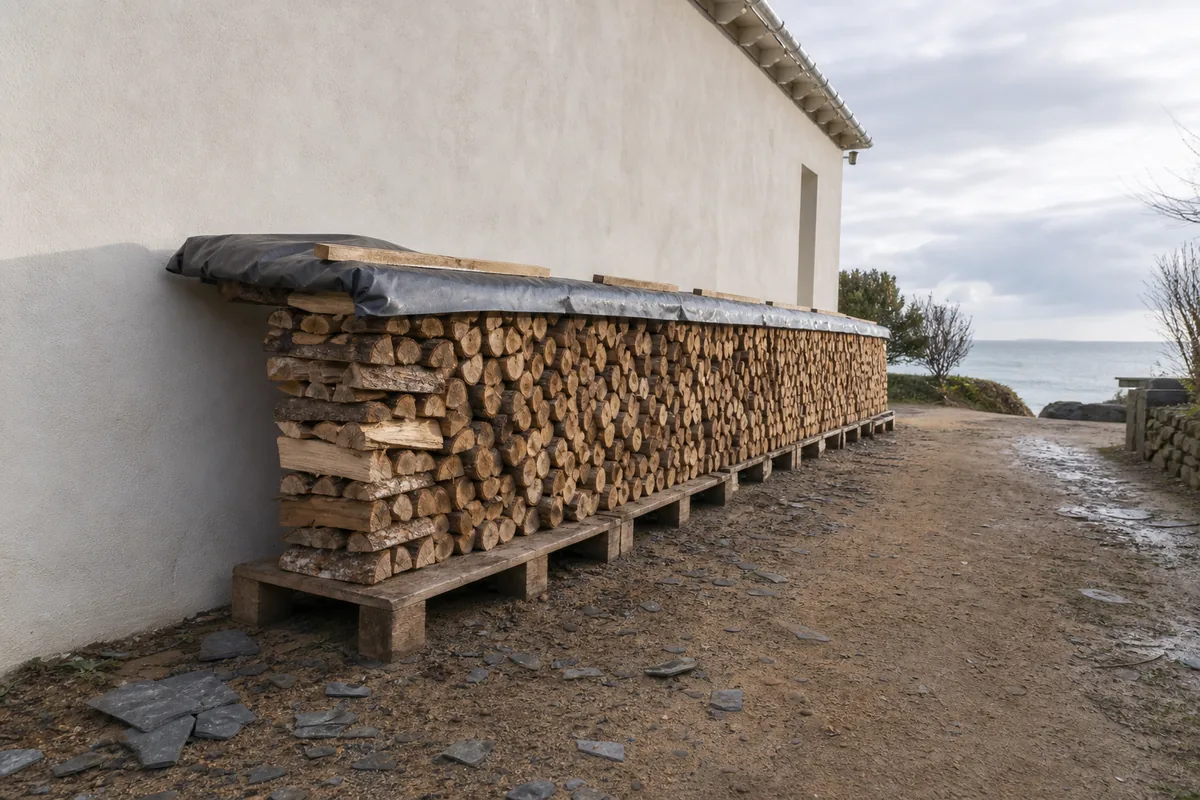 Pile de bûches surélevée sur palettes le long d’un mur clair, bâche posée uniquement sur le dessus