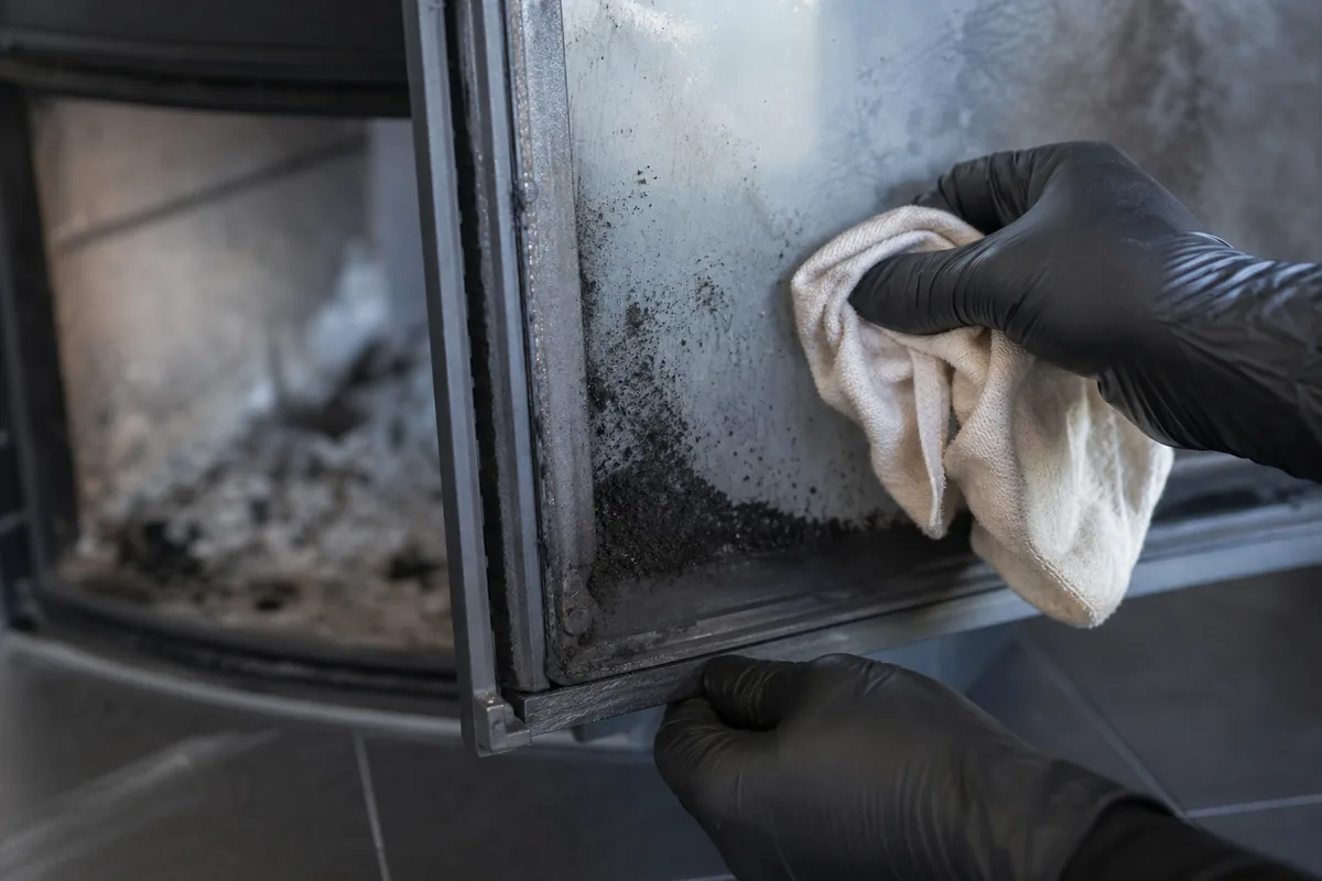 Mains gantées nettoyant la vitre d&rsquo;un poêle à bois, dépôt sombre visible dans un angle