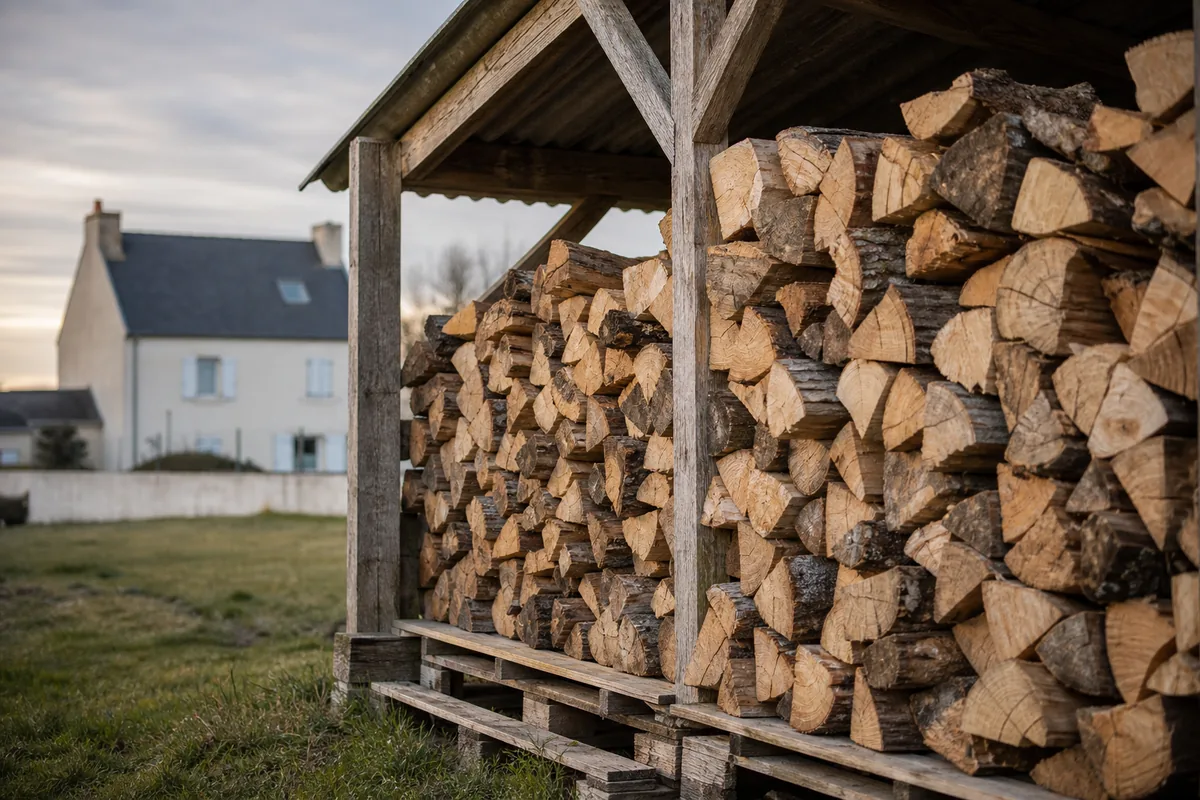 Bûches de chêne fendues empilées sous un abri ventilé près d&rsquo;une maison de la côte