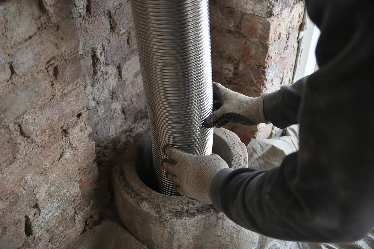 Tubage inox souple descendu dans un conduit maçonné lors d&rsquo;une installation de poêle