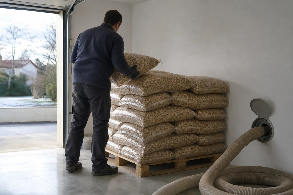 Sacs de granulés de bois sur palette dans un garage clair de bord de mer