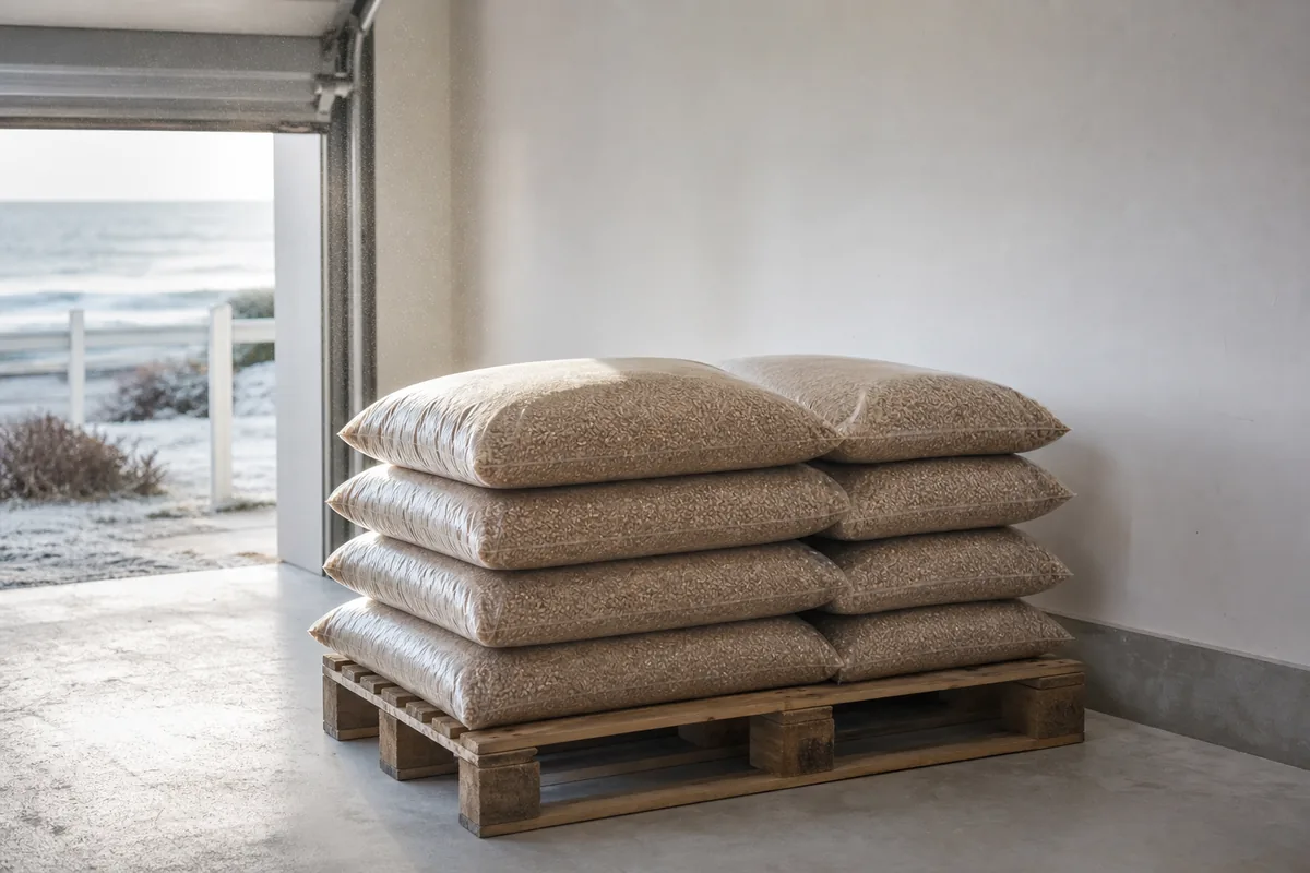 Palette de sacs de granulés de bois posée dans un garage clair de bord de mer