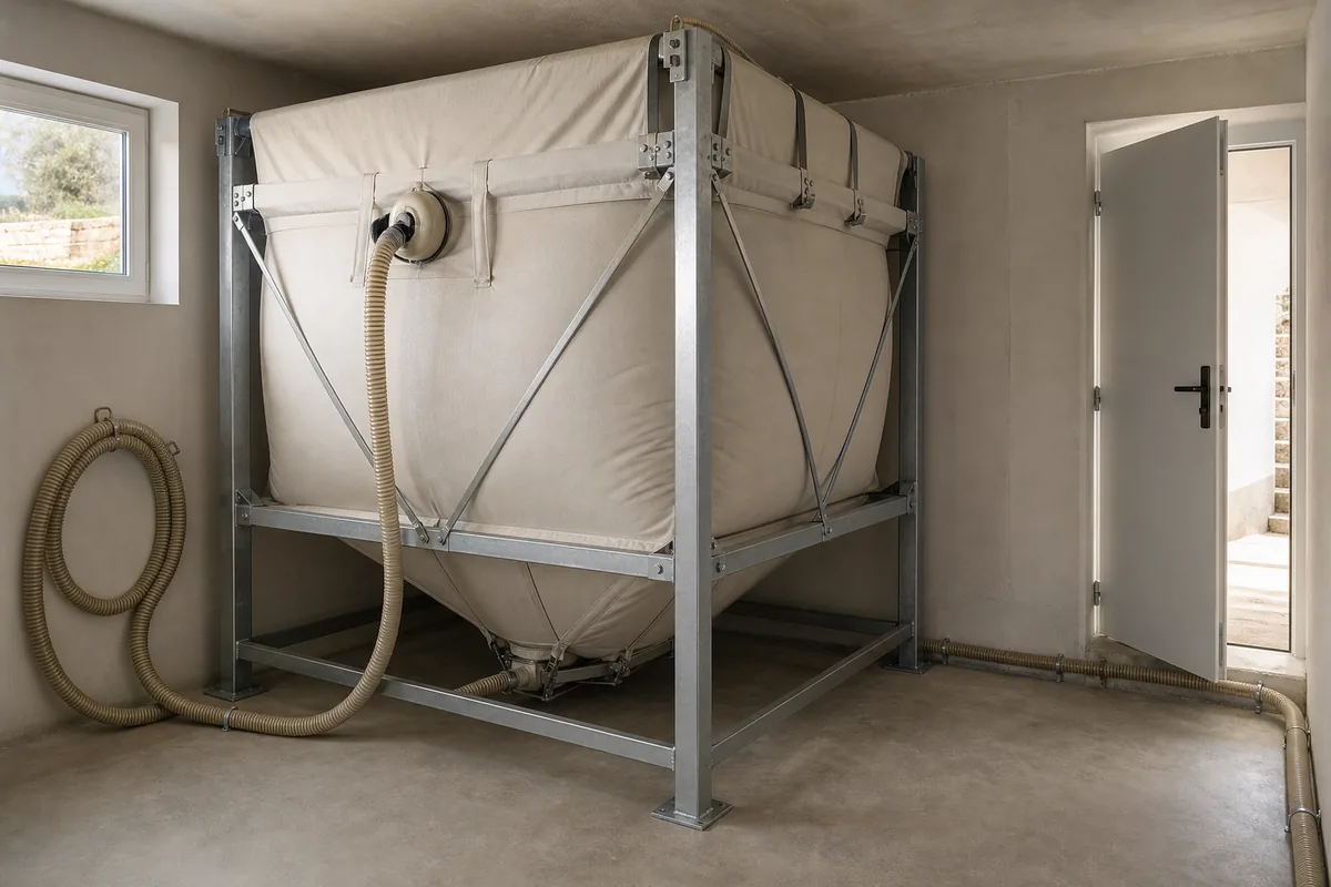 Silo textile à granulés installé dans un local sec avec son flexible de remplissage