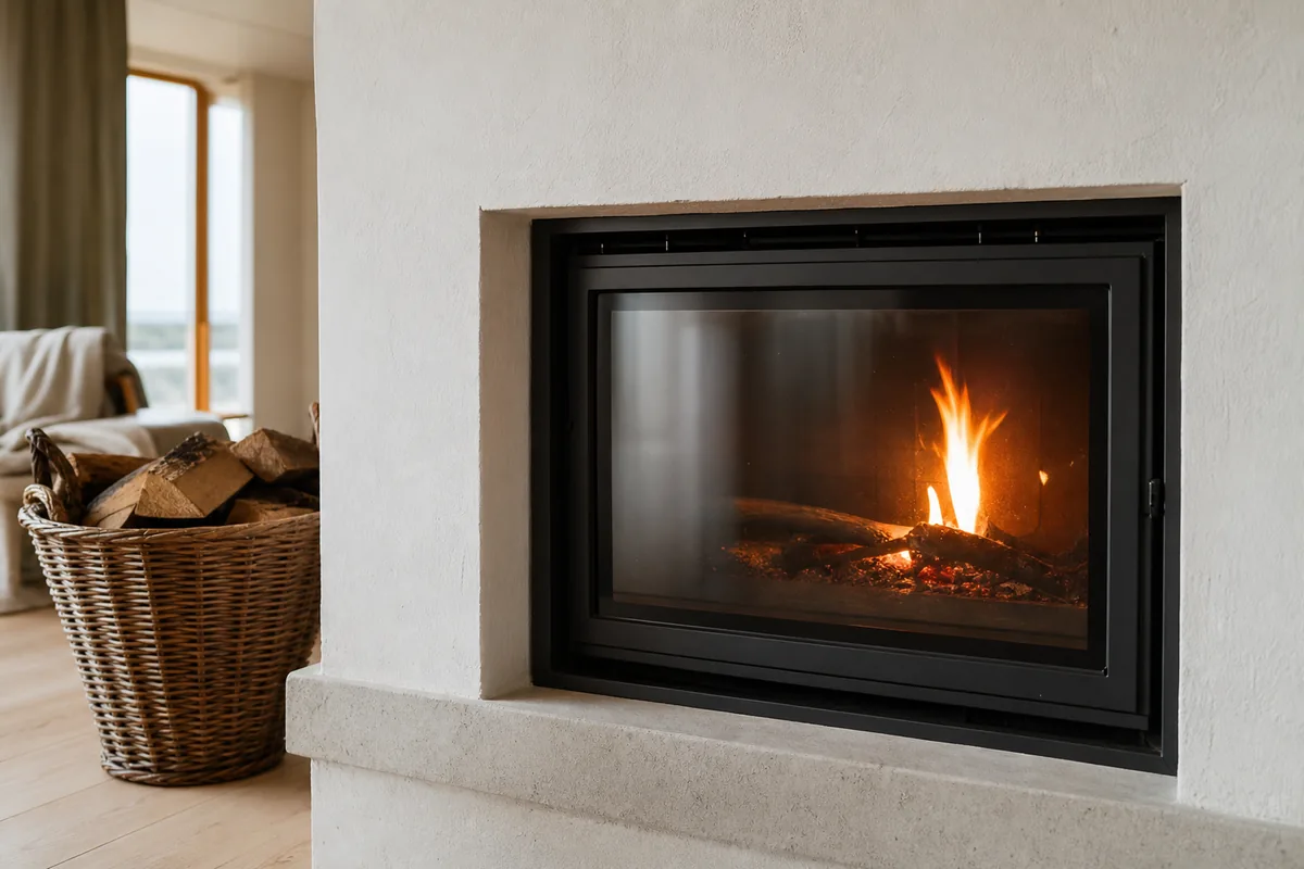 Insert vitré encastré dans une cheminée maçonnée rénovée, flambée naissante
