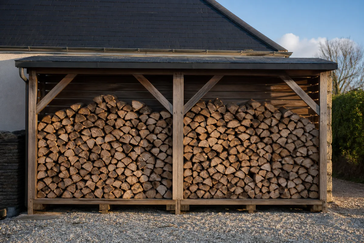 Bûches de chêne fendues empilées sous un abri en bois ventilé près d&rsquo;une maison côtière