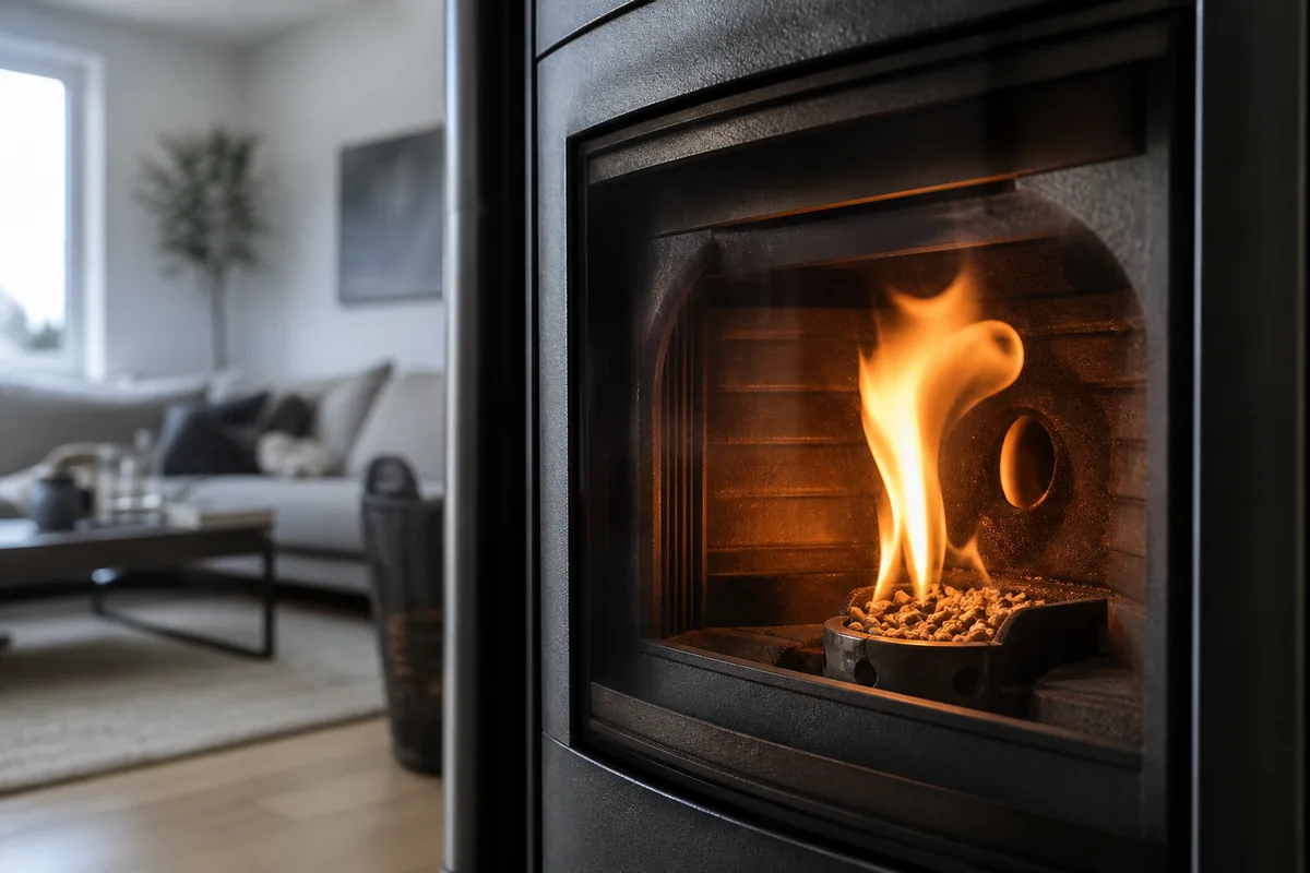 Flamme vive derrière la vitre d&rsquo;un poêle à granulés dans un salon clair aux murs blancs