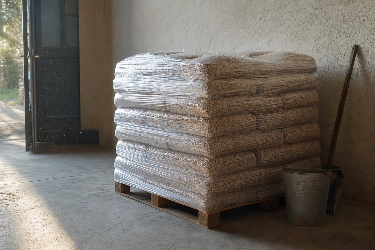 Sacs de granulés de bois empilés sur une palette dans un garage sec