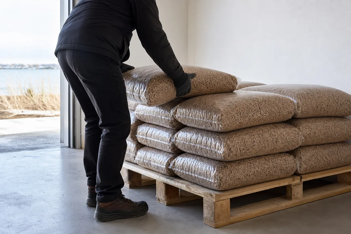 Sacs de granulés de bois empilés sur une palette dans un garage clair de bord de mer