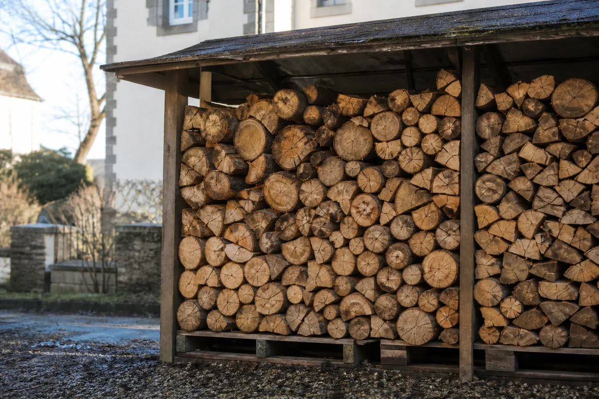 Bûches de chêne fendues empilées sous un abri ventilé, fentes en étoile visibles sur les coupes